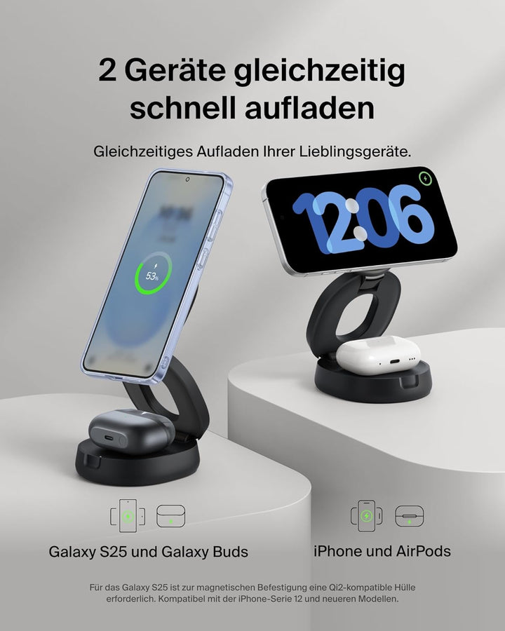 Belkin BoostCharge 2-in-1 Induktive Ladestation mit Qi2, 15W, MagSafe-kompatibles Ladegerät, Kabello