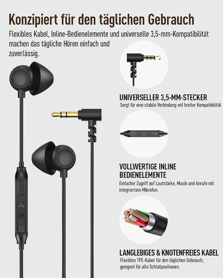 Hearprotek 2 Paar Schlaf Ohrhörer, Weicher bequemer In-Ear-Kopfhörer mit Mikrofon,Low-Profile-Kopfhö