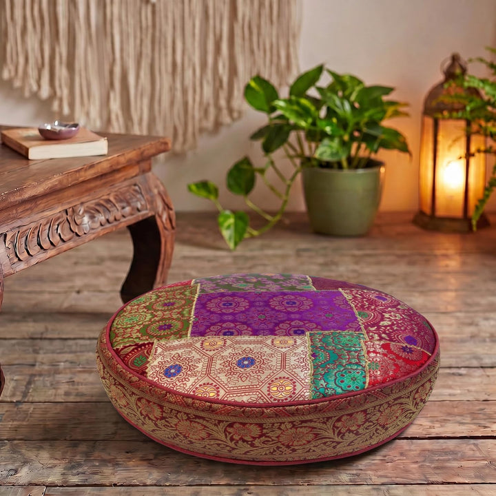 GURU SHOP Orientalisches Rundes Patchwork Kissen 40 cm, Sitzkissen, Bodenkissen mit Baumwollfüllung
