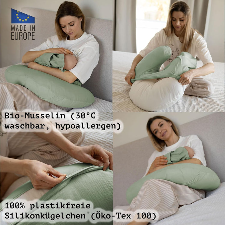 PaLulli® Stillkissen Klein aus 100% Musselin Baumwolle - Mit Abnehmbarem Stillkissenbezug, Atmungsak