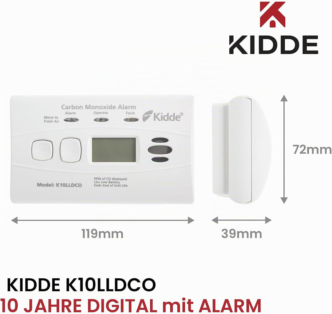 Kidde 10LLDCO Kohlenmonoxid Alarm Digital Display mit versiegelten Akku, Standard Alarm