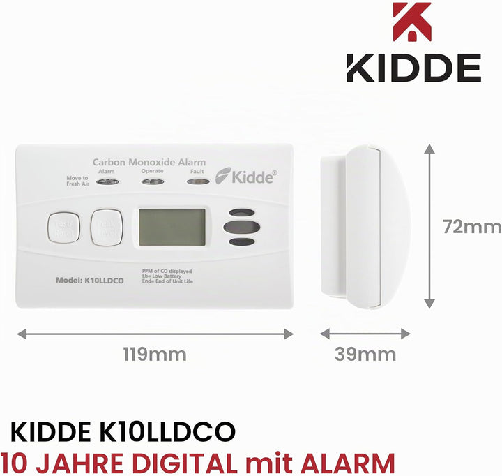 Kidde 10LLDCO Kohlenmonoxid Alarm Digital Display mit versiegelten Akku, Standard Alarm