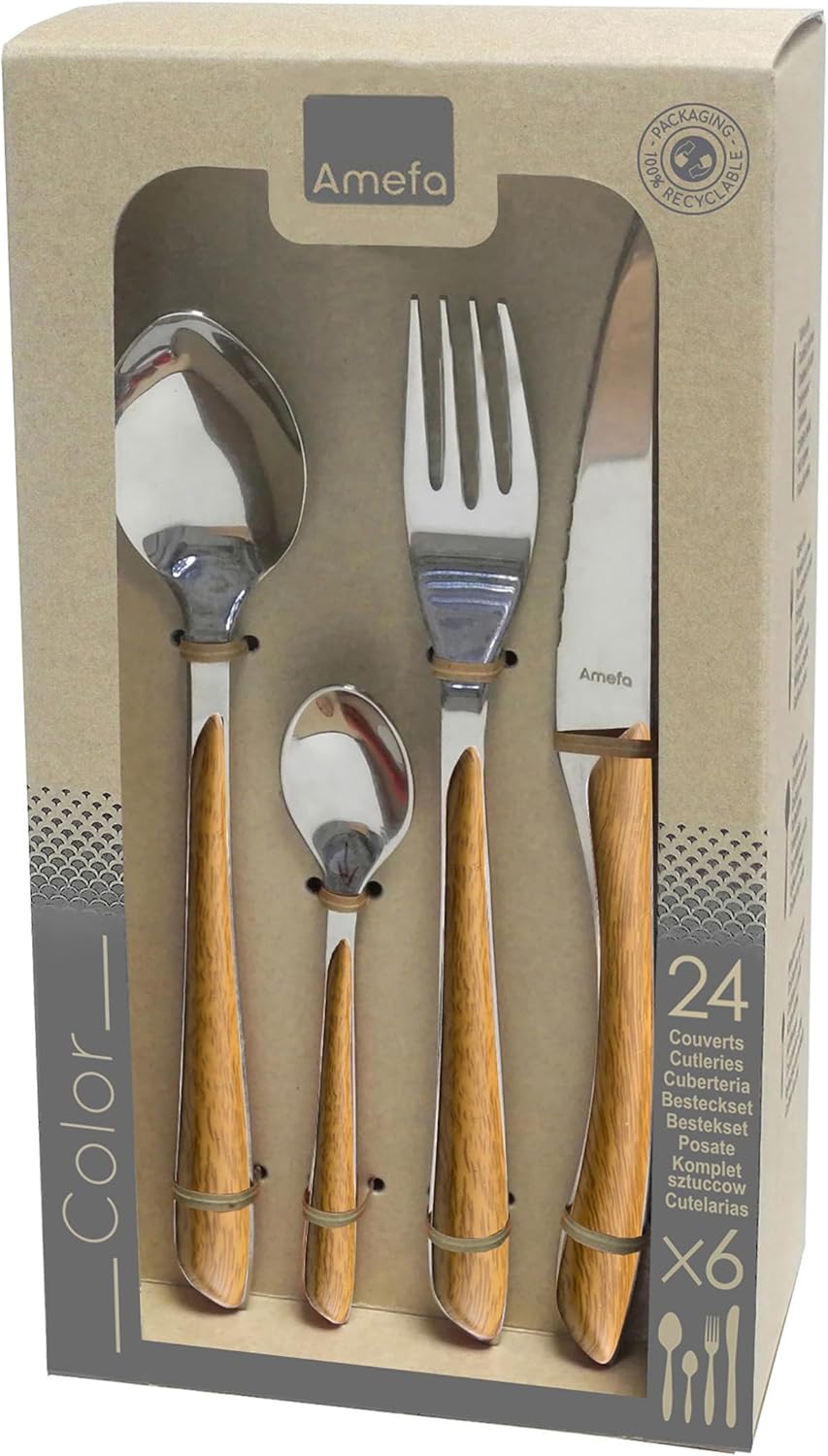Amefa ECLAT Nature Besteckset, 24-teilig, Besteck Set für 6 Personen, braune Holz-Griffe, Spülmaschi
