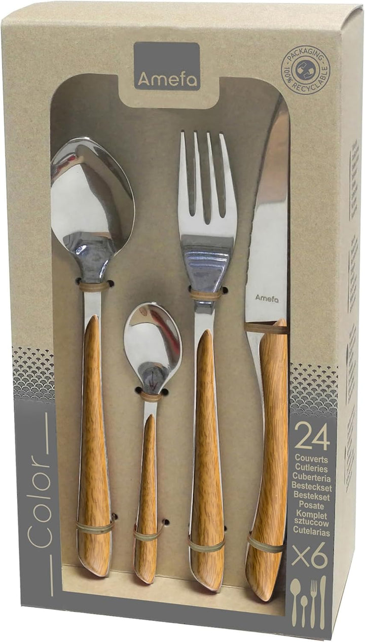 Amefa ECLAT Nature Besteckset, 24-teilig, Besteck Set für 6 Personen, braune Holz-Griffe, Spülmaschi