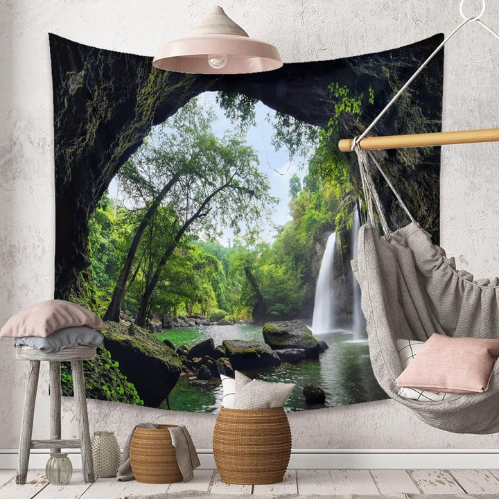 Wandbehang Grün, Wandteppich Natur Wasserfall Wandtuch Dschungel Tapestry Mountains Wandteppich Fels