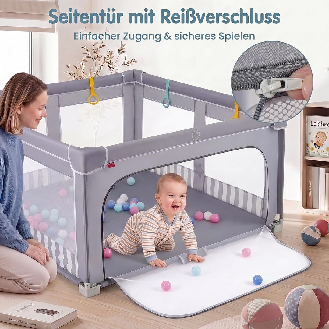 DREAMADE Laufstall Baby Faltbar, 150 x 150 x 76,5 cm Laufgitter mit 50 Ozeanbällen, 4 Haltegriffen &amp;