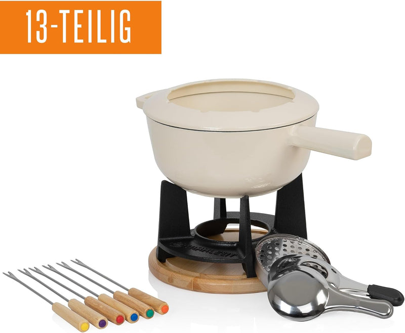 Mahlzeit Gusseisen Fondue Set für 6 Personen | 2 Liter | Fondueset 13 teilig mit Brenner und Gabeln