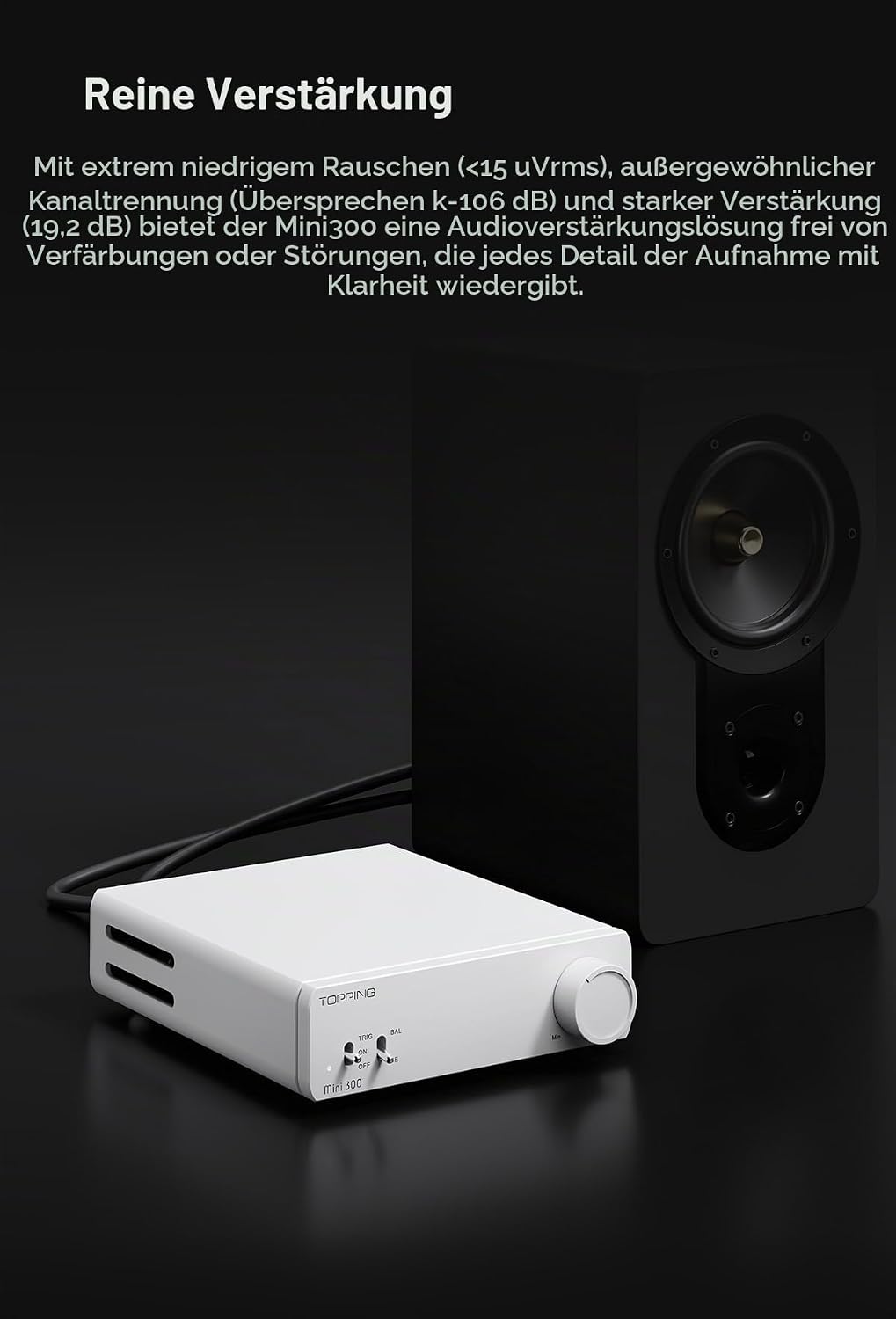 Topping Mini 300 Kompakter Desktop-Leistungsverstärker, 140 W x 2 TRS/RCA-Eingang, vollsymmetrischer