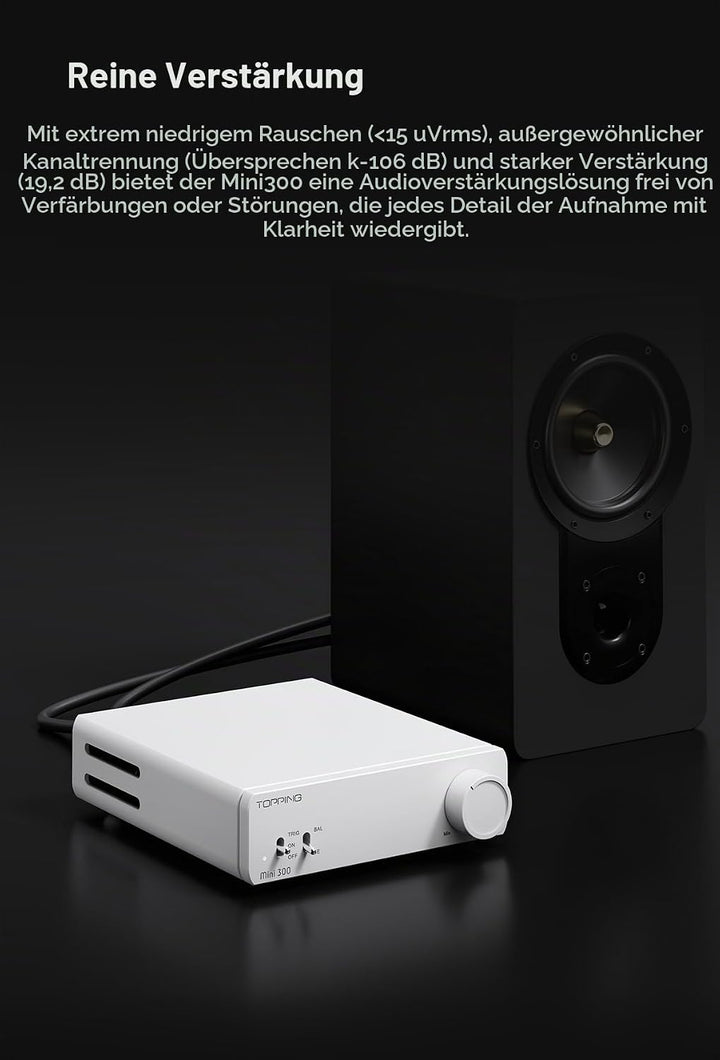 Topping Mini 300 Kompakter Desktop-Leistungsverstärker, 140 W x 2 TRS/RCA-Eingang, vollsymmetrischer