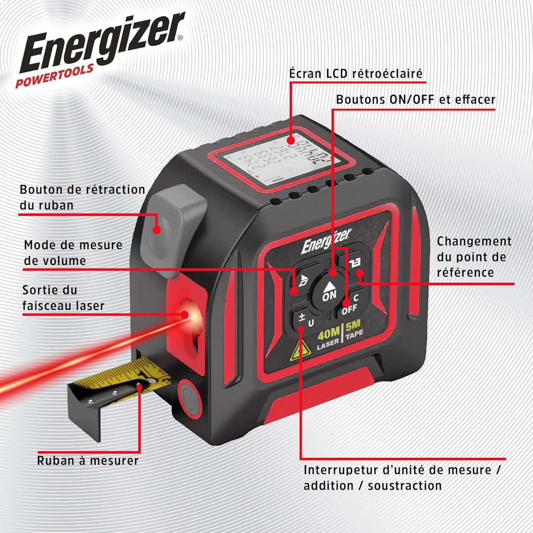 Energizer – 2-in-1 Laser-Entfernungsmesser, 40m Lasermessgerät & 5m Massband, LCD-Display, USB-C wie