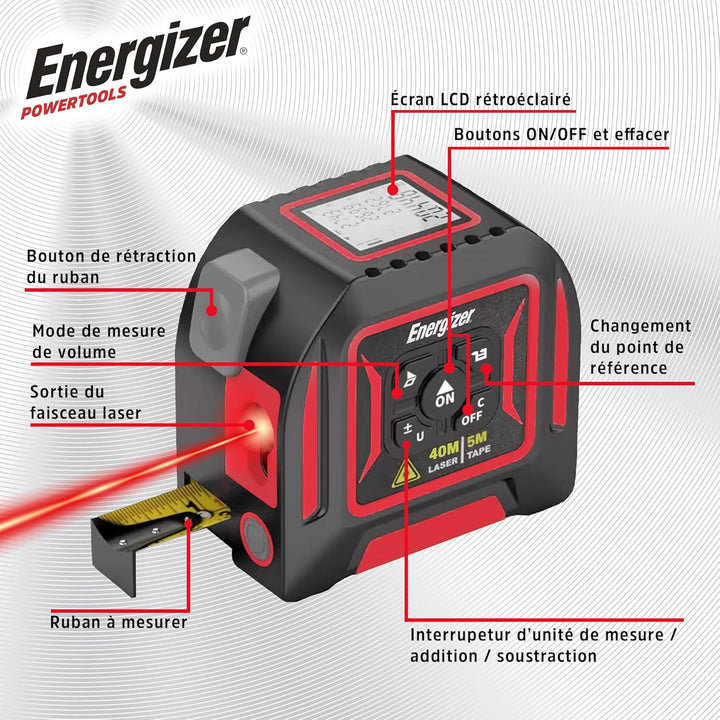 Energizer – 2-in-1 Laser-Entfernungsmesser, 40m Lasermessgerät & 5m Massband, LCD-Display, USB-C wie
