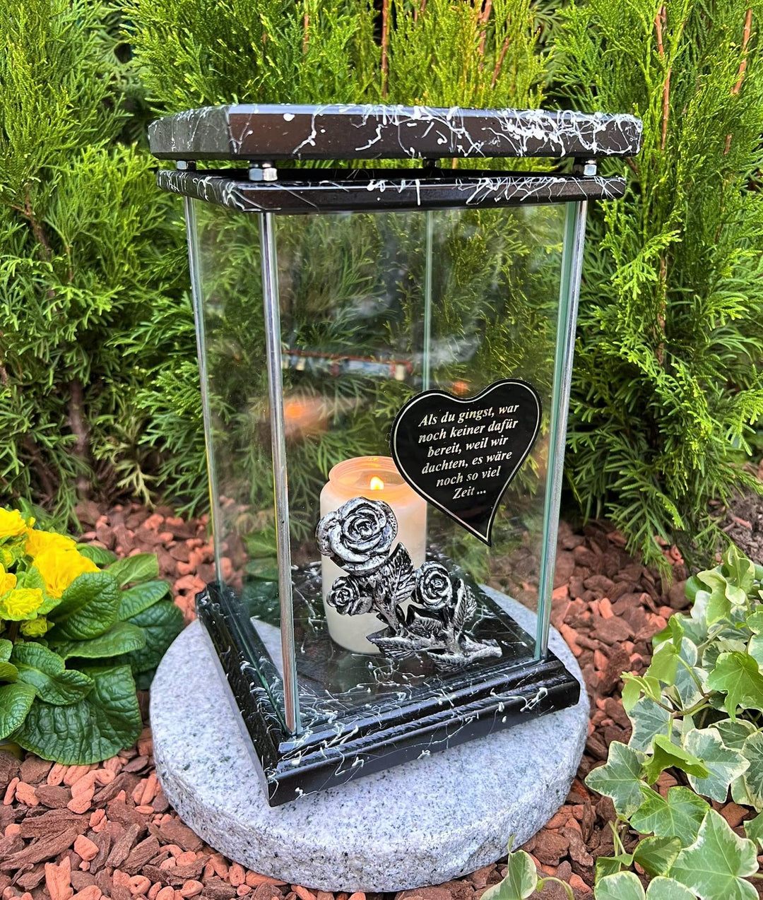Grablampe Grablicht Silber Marmor NEU Laterne mit Spruch 30 cm H. - Grablampe Kerze Grabkerze Grabde