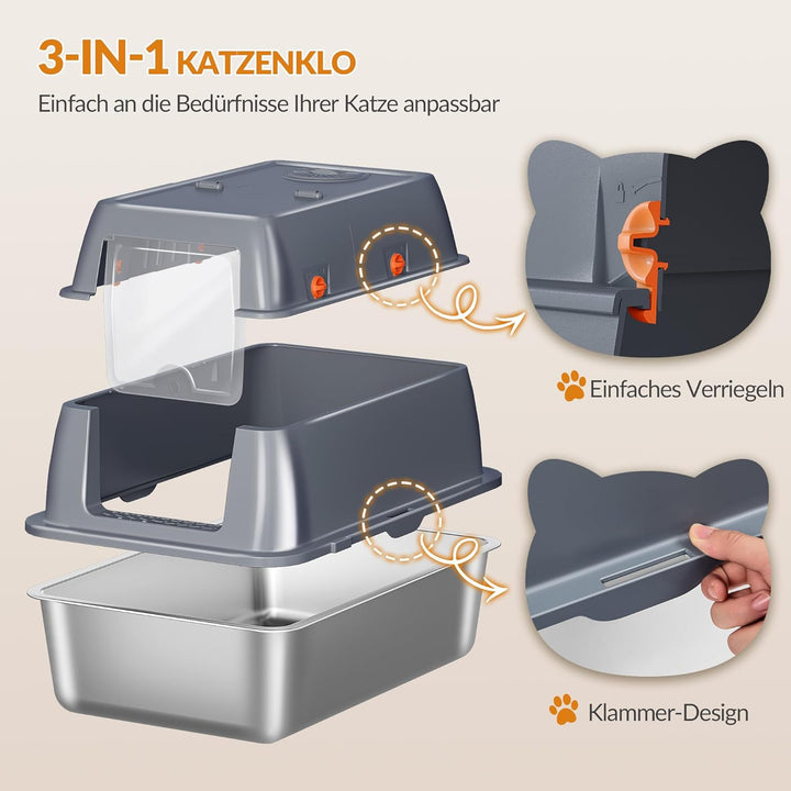 Edelstahl-Katzenklo mit Deckel, Geschlossene Katzentoilette, 180°Klappdeckel, Inklusive Pedal und Sc