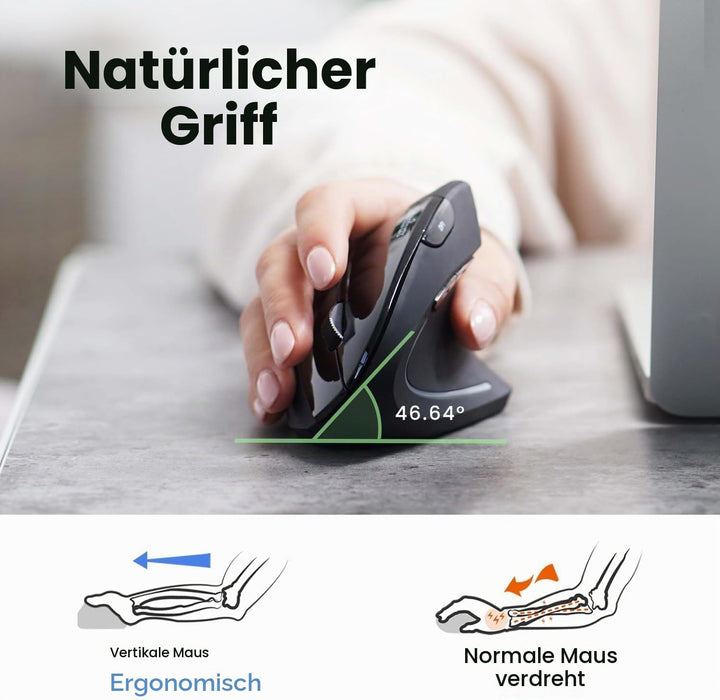 Perixx PERIMICE-813B Vertikale Bluetooth-Maus, kabellose 3-in-1-Multi-Device-Technologie, Reisetasch
