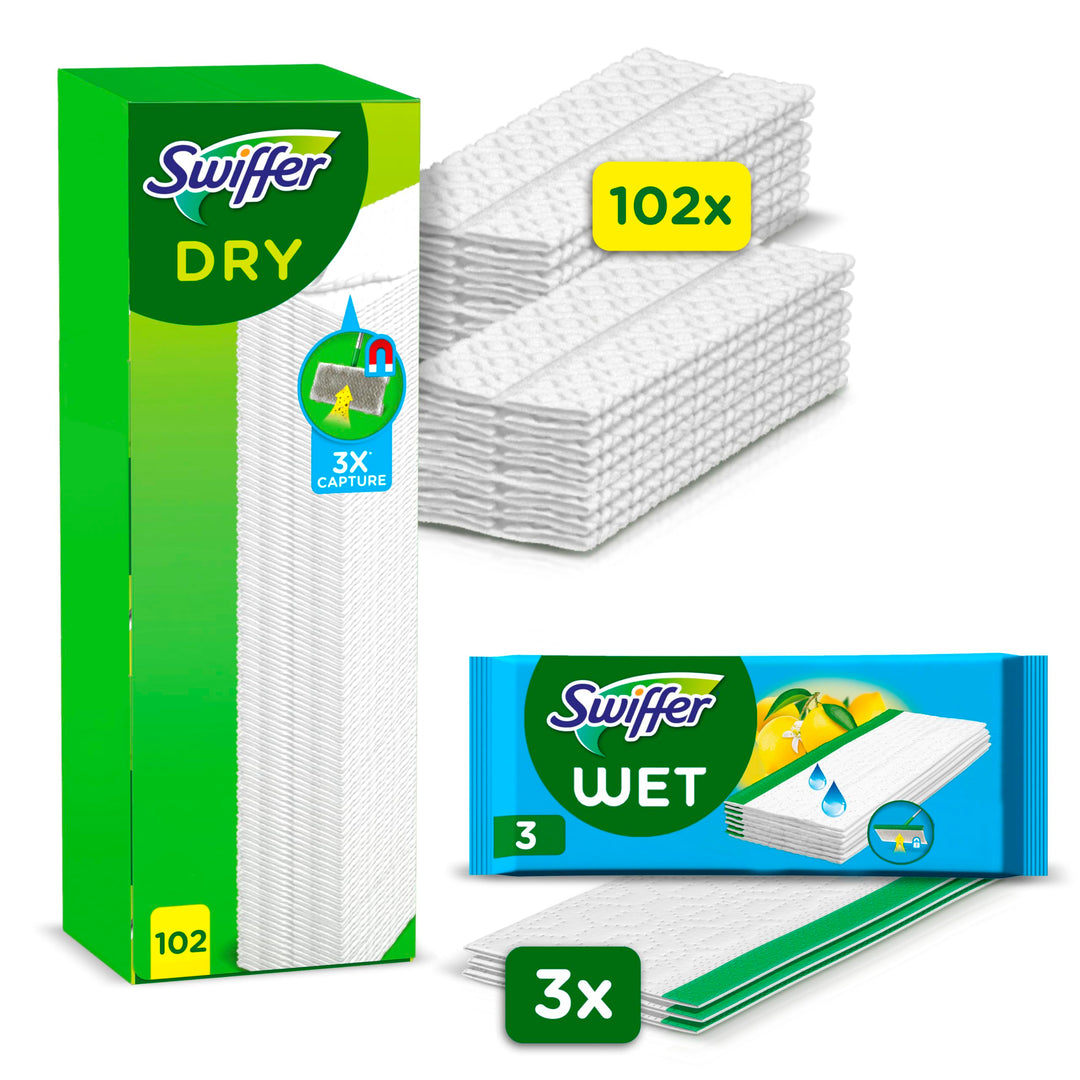 Swiffer Bodenwischer Mit 102 Trockenen Bodentüchern Nimmt Schmutz Auf Und Schliesst Ihn Ein (+3 Feuc