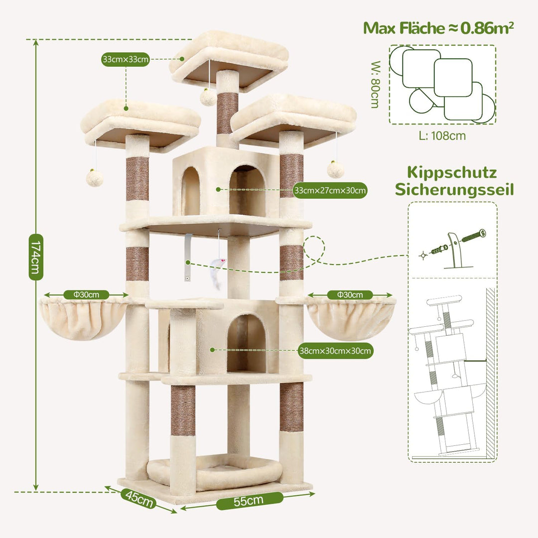 Globlazer Beige Kratzbaum Stabil 174 cm mit 3 Gepolsterte Sitzstangen, 2 Katzenhaus, 2 Korb, Abnehmb