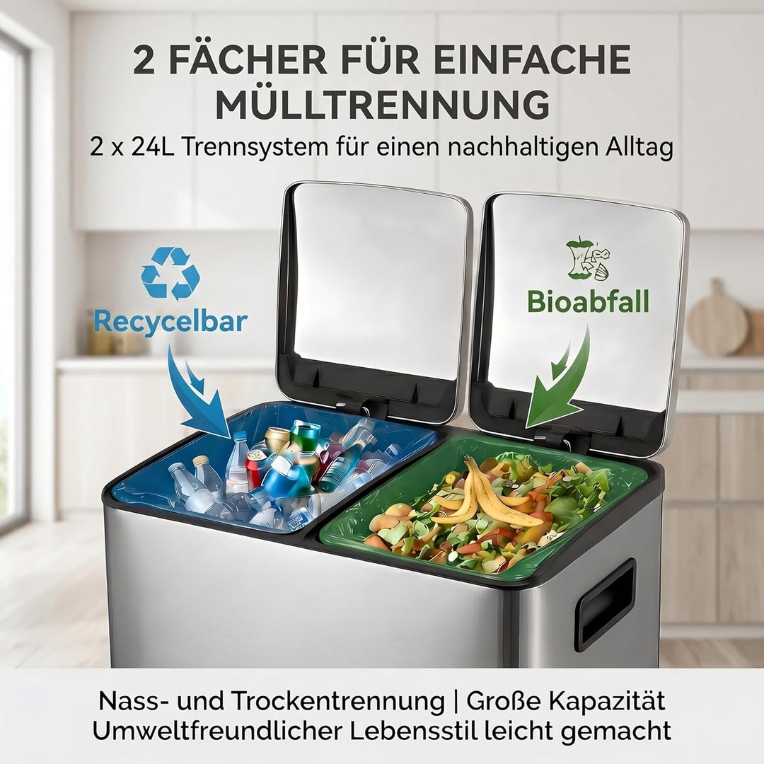 Mülleimer Küche 2 x 24L(48L), Edelstahl Treteimer mit Deckel, Mülltrennsystem 2 Fächer, Abfalleimer