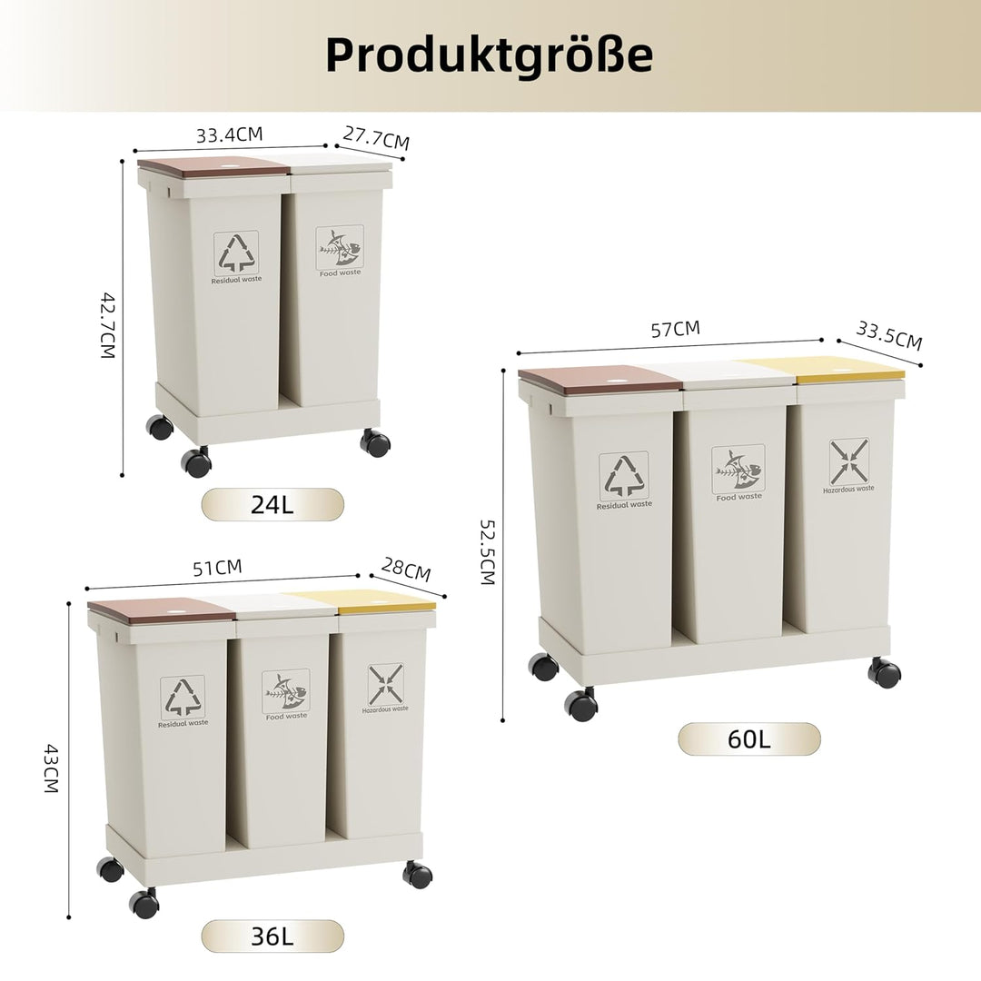 3-er Mülleimer-Set Küche Mülltrennsystem 3x Mülleimer mit Deckel, 3 X 12L, herausnehmbare Recycling-