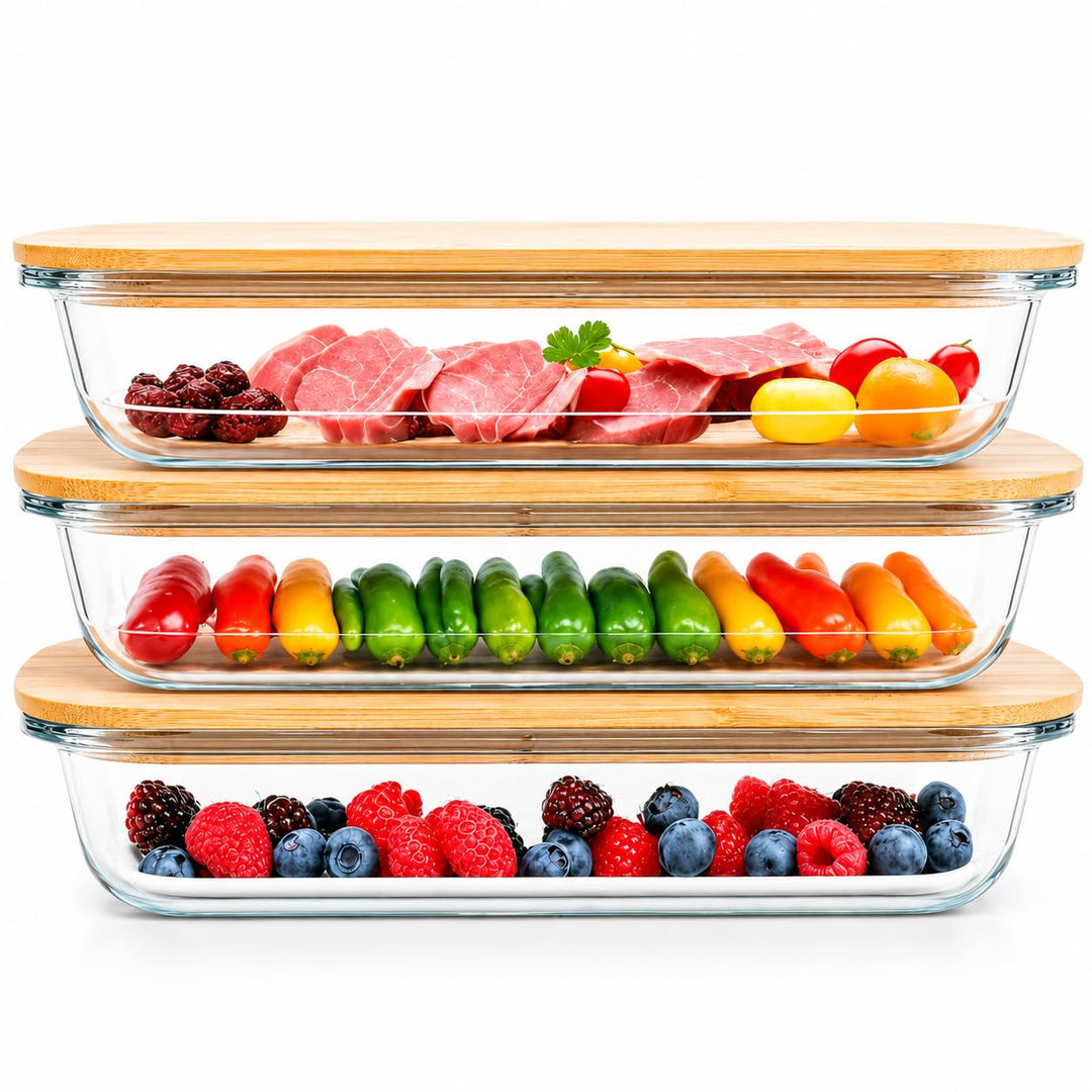 GUTHE Lifestyle 3er Set Aufschnittboxen für Kühlschrank glas, stapelbare Frischhaltedosen mit Holzde