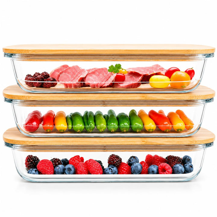 GUTHE Lifestyle 3er Set Aufschnittboxen für Kühlschrank glas, stapelbare Frischhaltedosen mit Holzde