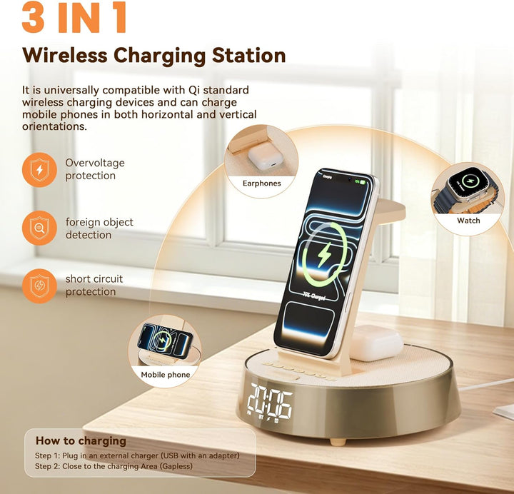 COLSUR Wireless Charger für iPhone für Samsung, Radiowecker mit Bluetooth Lautsprecher Induktive Lad