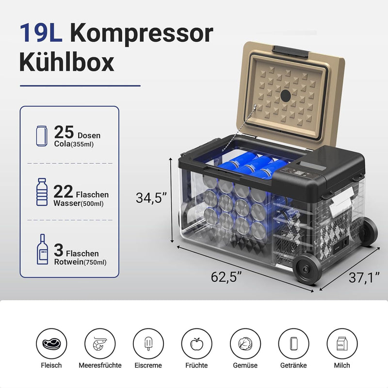 AAOBOSI Kompressor Kühlbox 19L, Kühlbox Auto Mit WiFi-APP-Steuerung, 12/24V und 100-240V Kühlbox Ele