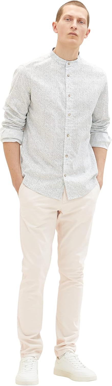 TOM TAILOR Herren Hemd mit Stehkragen aus Leinen XXL 31281 - Offwhite Leaf Structure Design, XXL 312