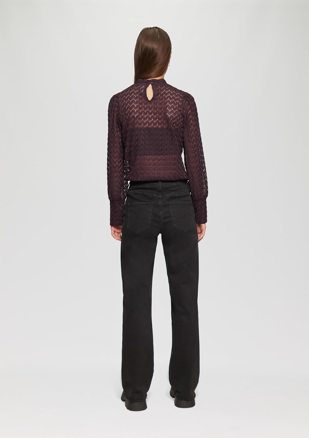 QS Transparentes Spitzen-Shirt mit Stehkragen XS 4988_aubergine, XS 4988_aubergine