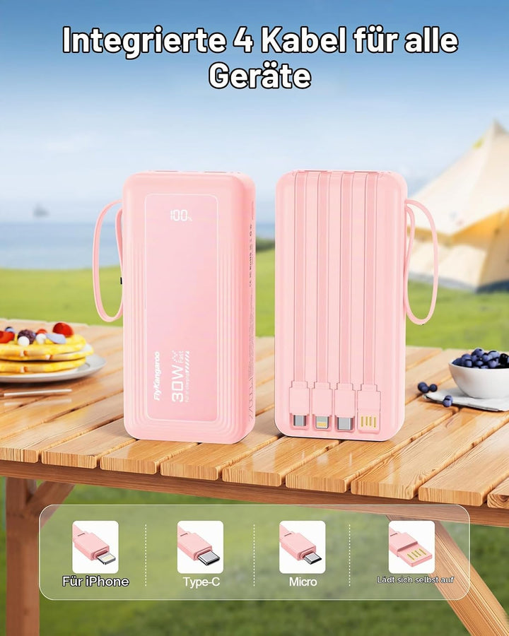Powerbank 27000mAh mit 4 integrierten Kabel, 30W Power Bank USB C Schnellladefunktion mit LED Displa