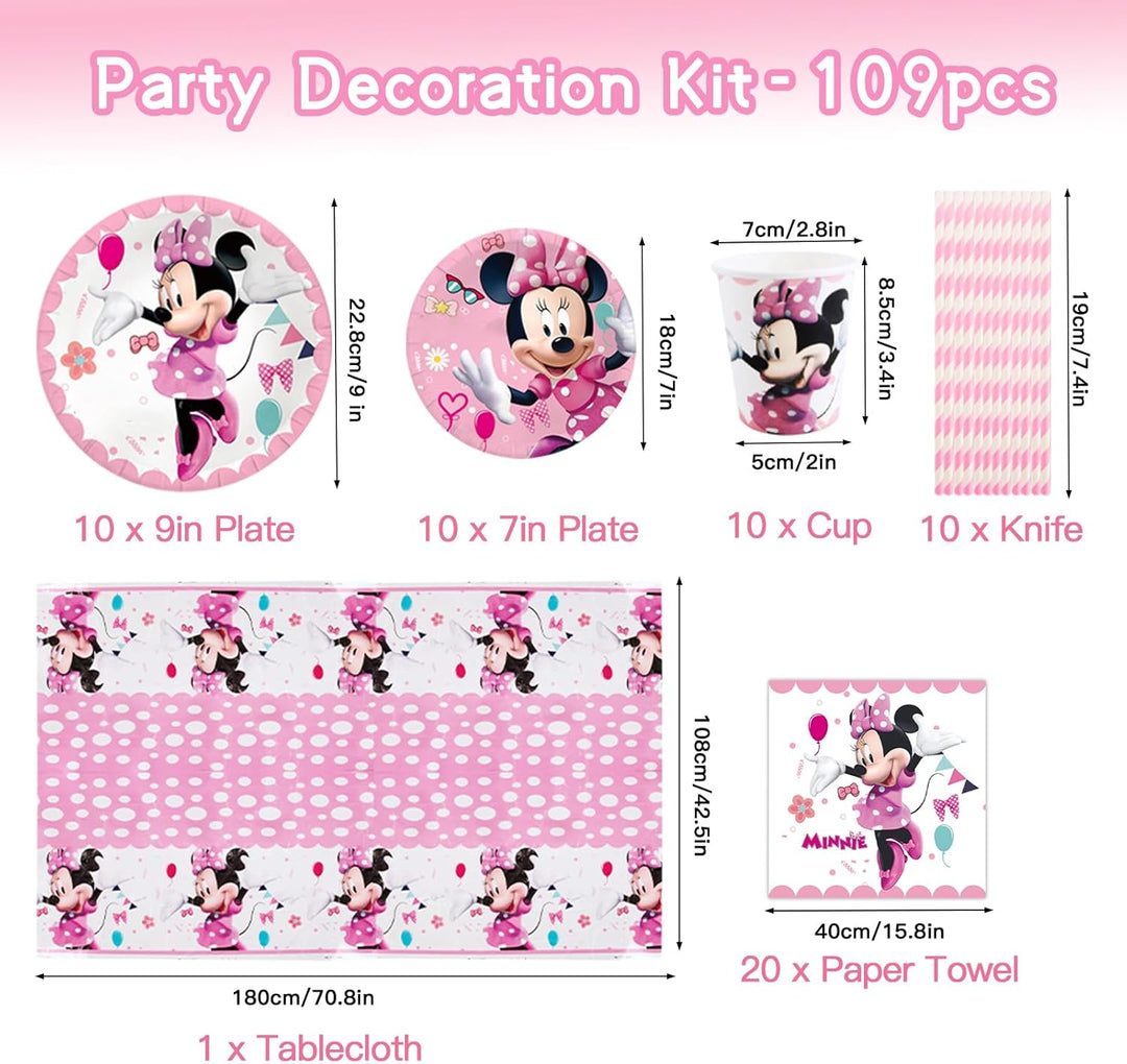 Partygeschirr 109 Stück Minnie Geburtstagsdeko Mädchen Junge Deko 2 Jahre, Thema Kindergeburtstag Lu