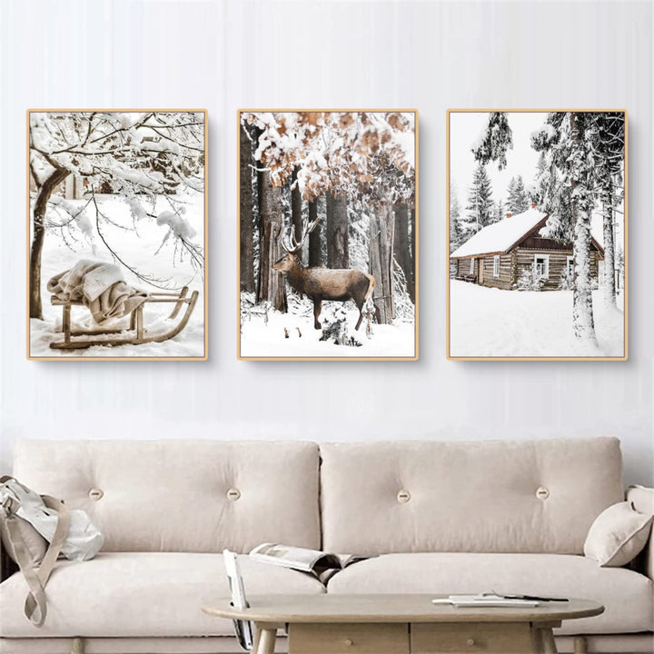TROYSINC 3er Premium Poster Set, Winter Bilder, Elch, Holzhaus, Wald Wandkunst Wandbilder, Leinwand
