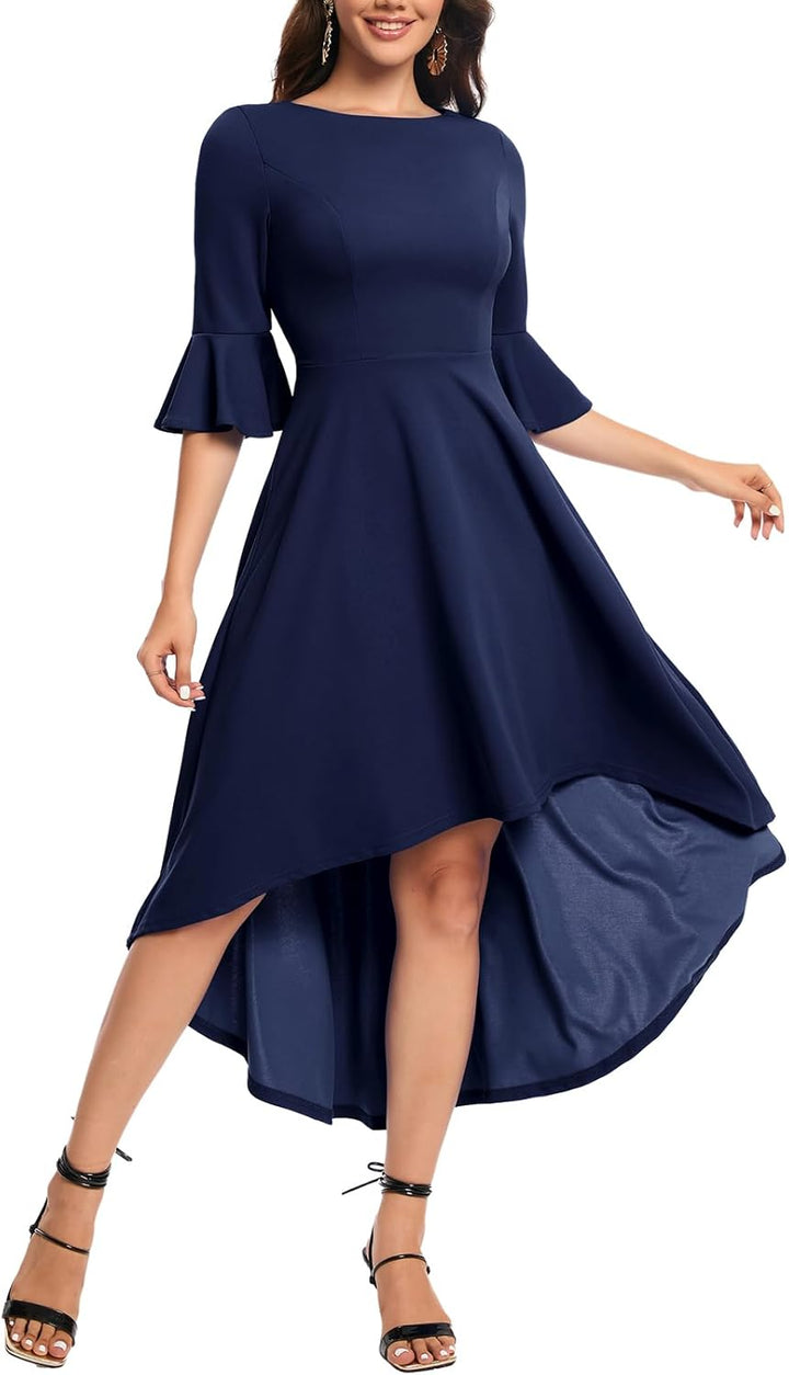 Gardenwed Festliches Kleid Damen 3/4 arm Flare Bell Sleeve Rundhals Kleider High-Low Cocktailkleider
