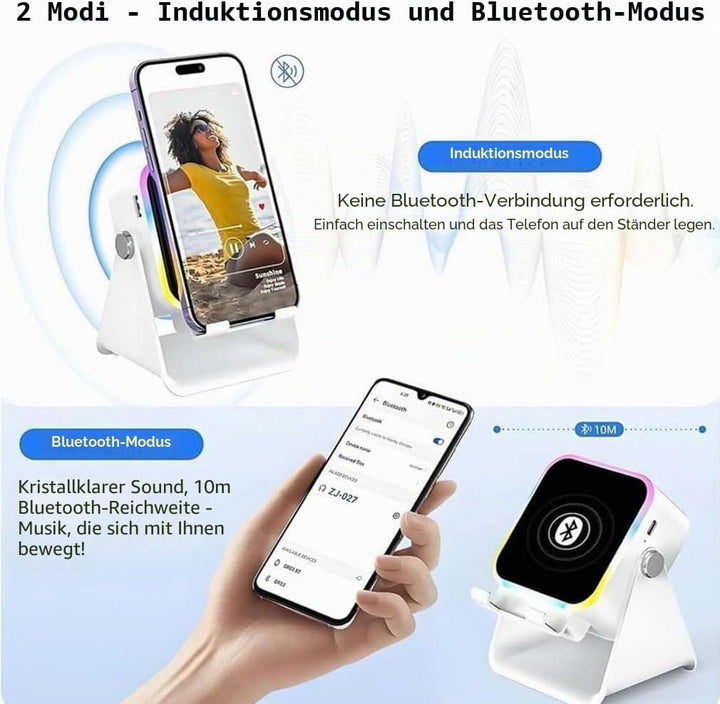 5-in-1 kabelloser Induktionslautsprecher mit verstellbarer Handyhalterung, 3500 mAh wiederaufladbare
