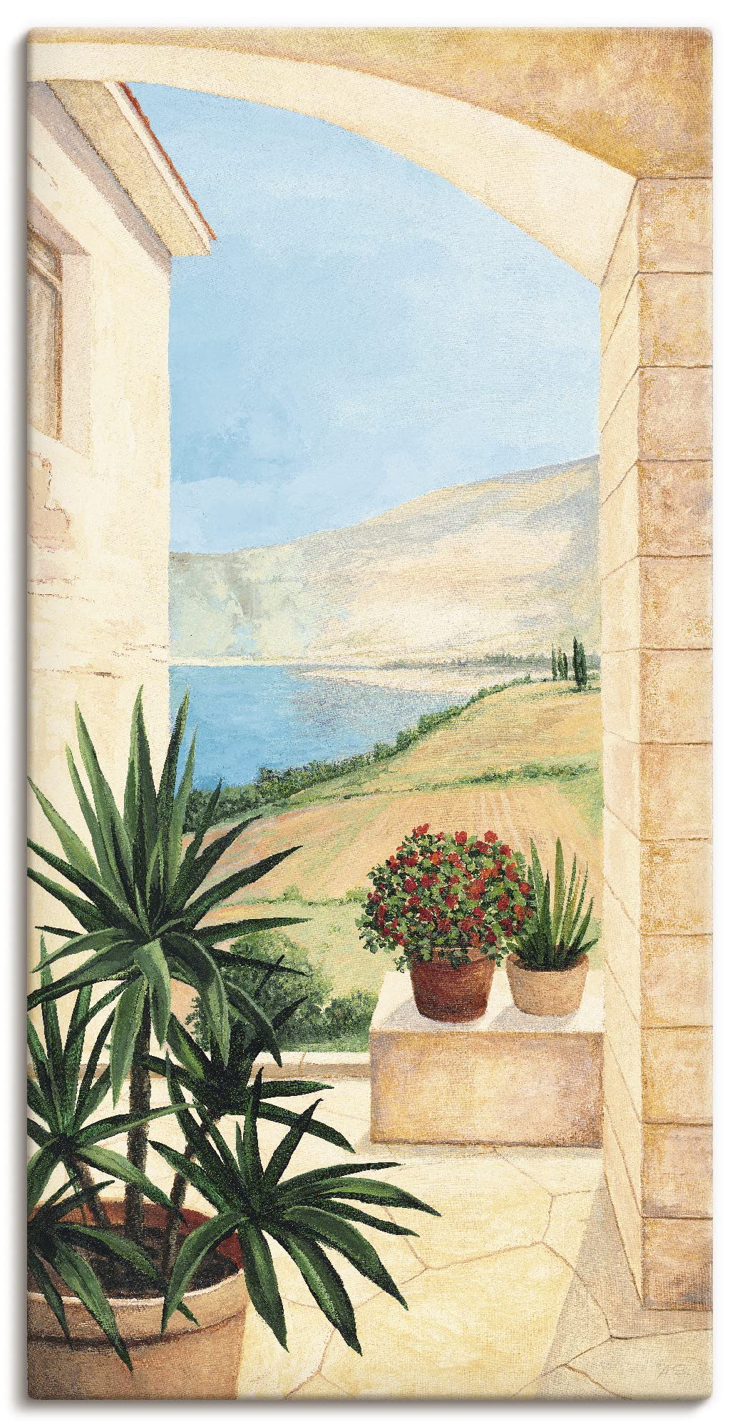 ARTLAND Wanddeko Leinwand Bilder Wandbild Landschaften Fensterblick Italien Malerei Creme A5DK Blick
