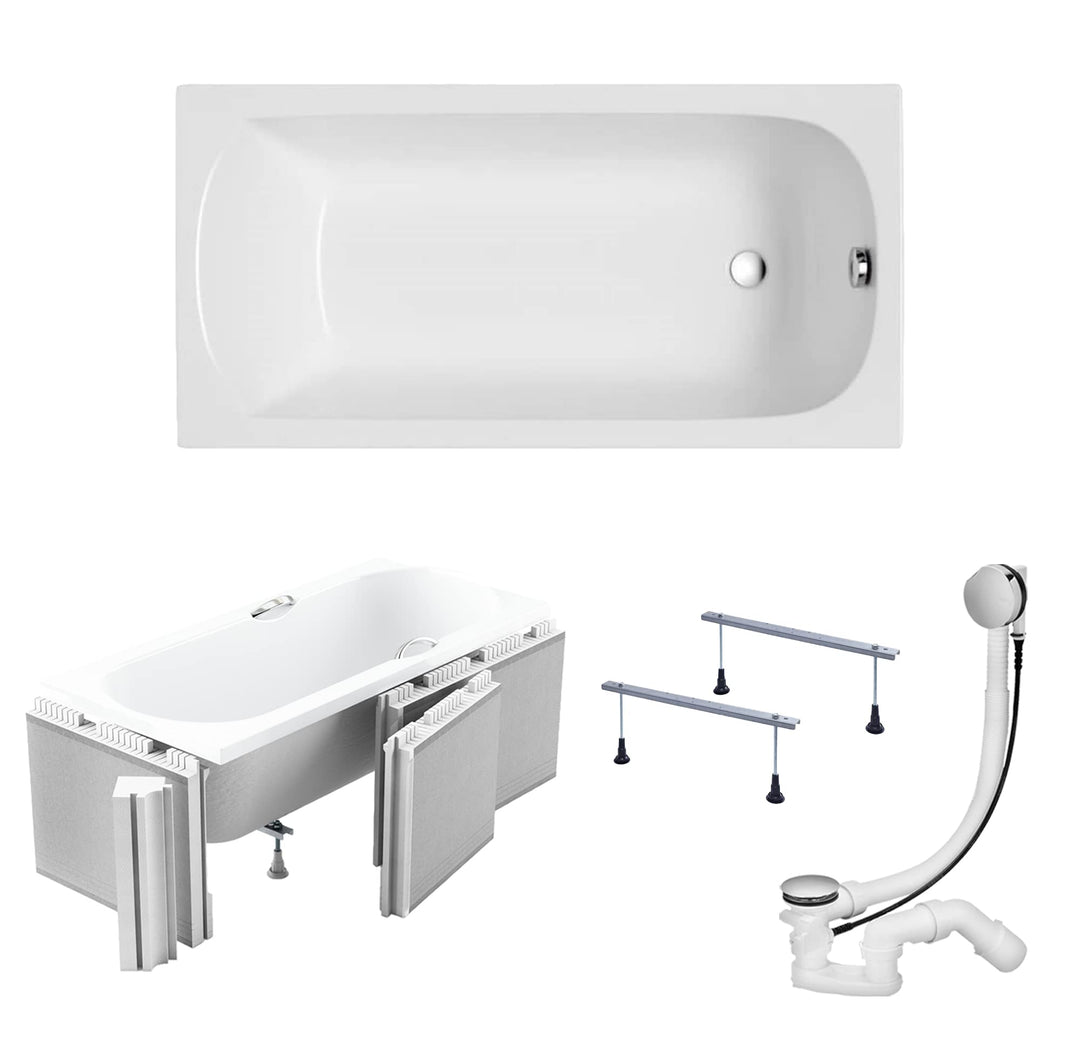KOLMAN Badewanne CLASSIC SLIM Rechteck 180x80 mit Styroporverkleidung (Ablage 4cm), Ablaufgarnitur u