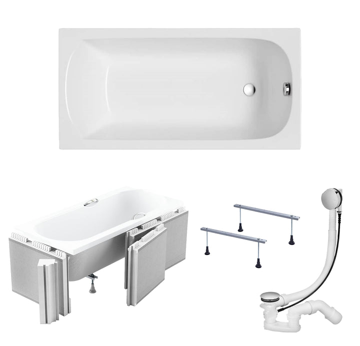 KOLMAN Badewanne CLASSIC SLIM Rechteck 180x80 mit Styroporverkleidung (Ablage 4cm), Ablaufgarnitur u