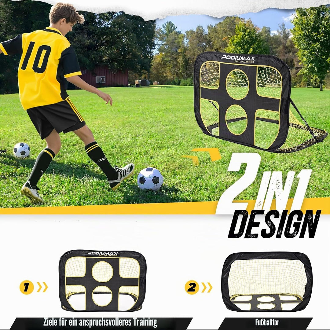 PodiuMax klappbares 2 in 1 Pop-Up Fussballtor für Kinder im Garten | Torwandtrainer für Indoor/Outdo