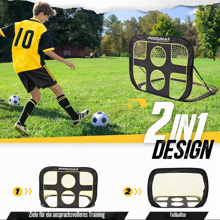 PodiuMax klappbares 2 in 1 Pop-Up Fussballtor für Kinder im Garten | Torwandtrainer für Indoor/Outdo