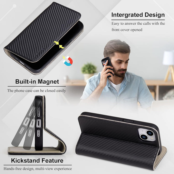 VISOUL iPhone 14 Plus Hülle, Handyhülle [100% Carbon Leder] [RFID Schutz] [Schützt vor Stoss] [Stand