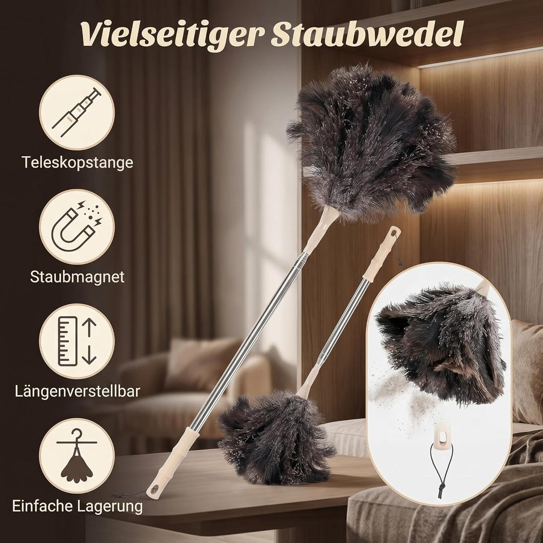 DULCE DOM Straussenfeder Staubwedel mit Teleskopstiel 125cm, Waschbar für Decken Lampen Möbel, Kratz