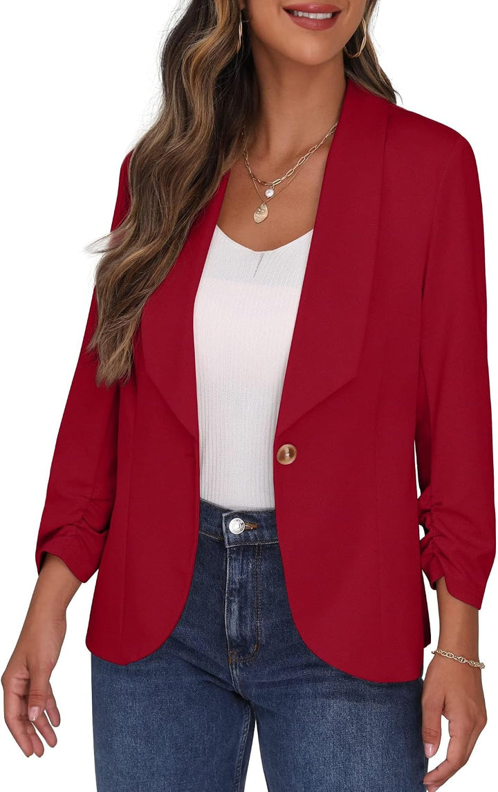 PrinStory Blazer Für Damen 3/4 Geraffte Ärmel Blazer Geschäft Büro Blazer Anzug Sportlich Jack Trenc