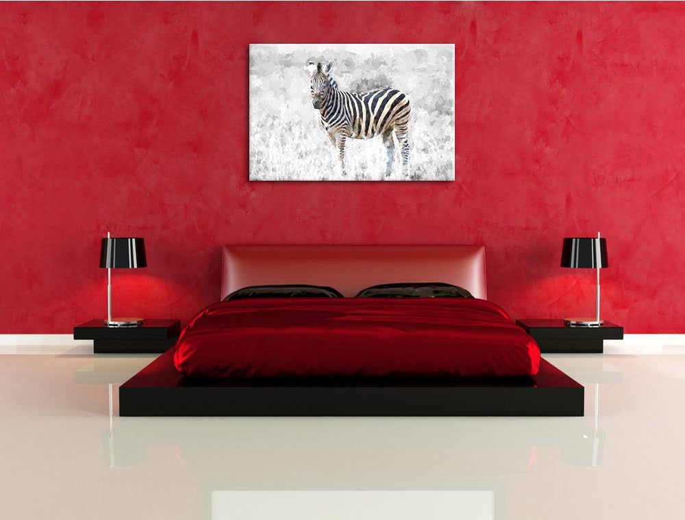 einzelnes Zebra im Wildgras schwarz/weiss Deluxe Format: 100x70 cm auf Leinwand, XXL riesige Bilder