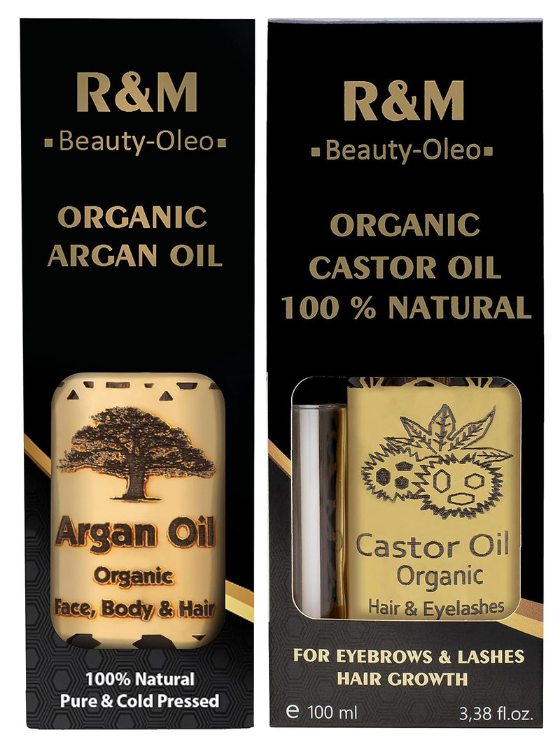 R&M Beauty-Oleo 1x Rizinus-Öl & 1x Argan-Öl - 100% Bio & Fair Trade - für Wimpern, Haare, Haut, Bart