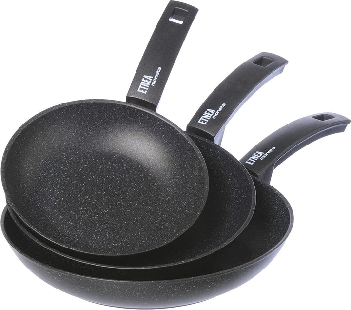 Moneta Etnea Bratpfannen Set 20-24-28, Aluminum, Schwarz - Stein Optik, 28 cm/46 x 29 x 15 cm, Bratp