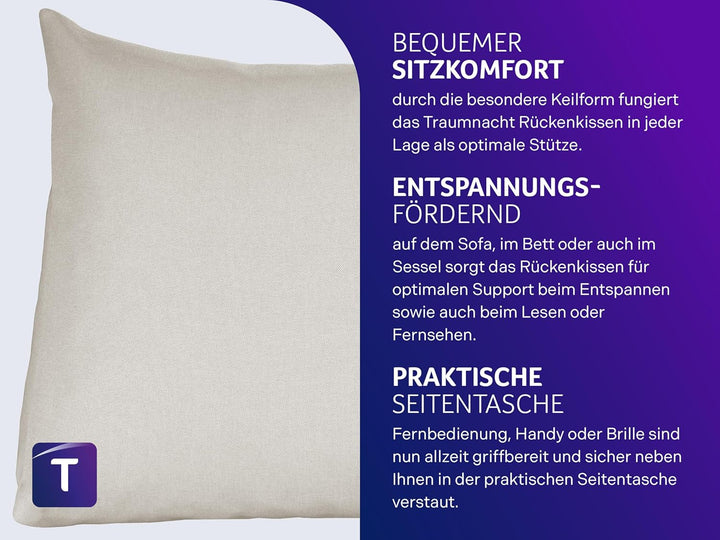 Traumnacht Cozy Rückenkissen, Lesekissen, 70 x 40 cm beige, abnehmbarer, waschbarer Bezug aus 100% P