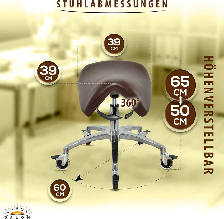 Premium Sattelhocker braun mit Bremse, Sattelstuhl für Rückenentlastung, Rollhocker höhenverstellbar