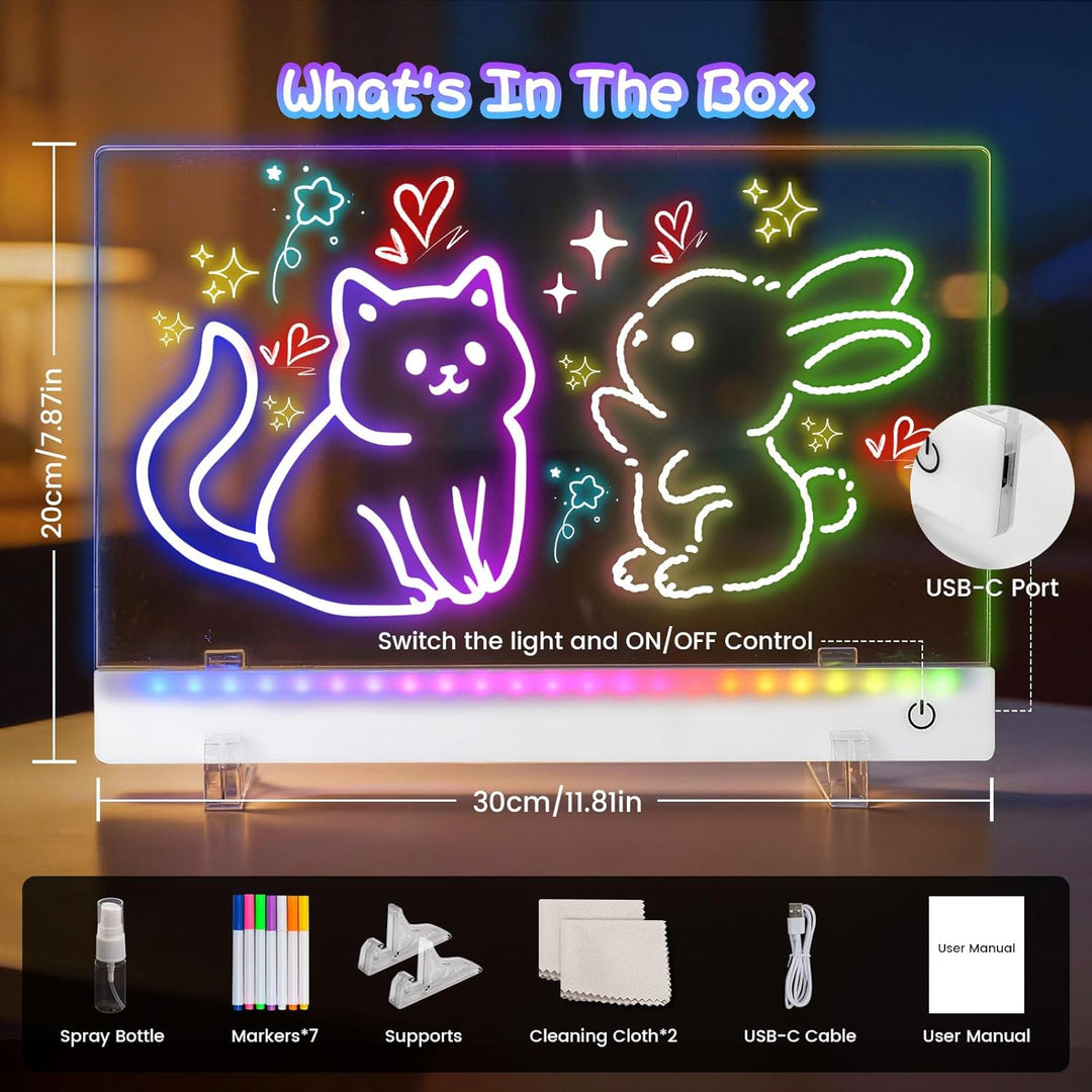 LED Zeichenbrett, Wiederaufladbare LED Notiztafel mit Farben, 30x20cm LED Zeichentafel für Zeichnen