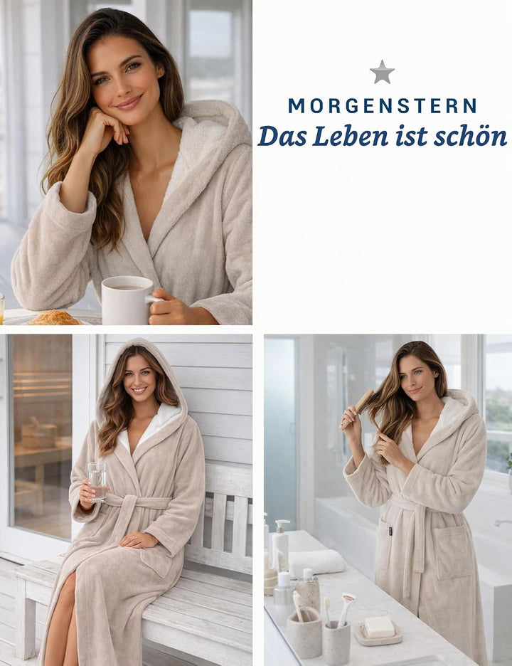 Morgenstern Bademantel Damen Extra Lang Kapuze Frottee Velours Luxus Morgenmantel S Tall Beige, S Ta