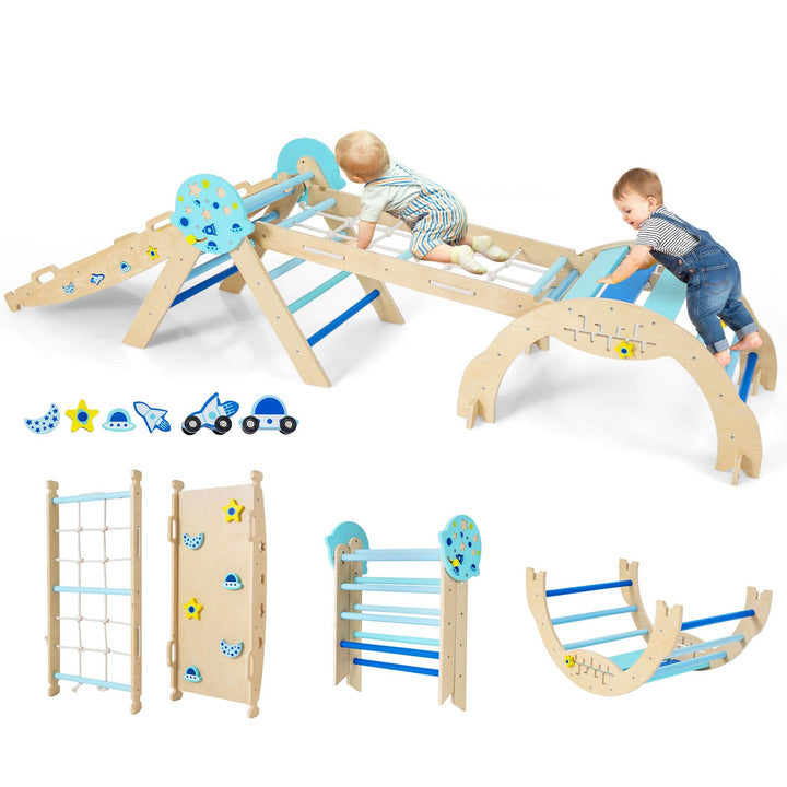 COSTWAY Klettergerüst Indoor 4er Set, klappabres Kletterdreieck mit Rutsche, Kletterbogen, Netz, ink