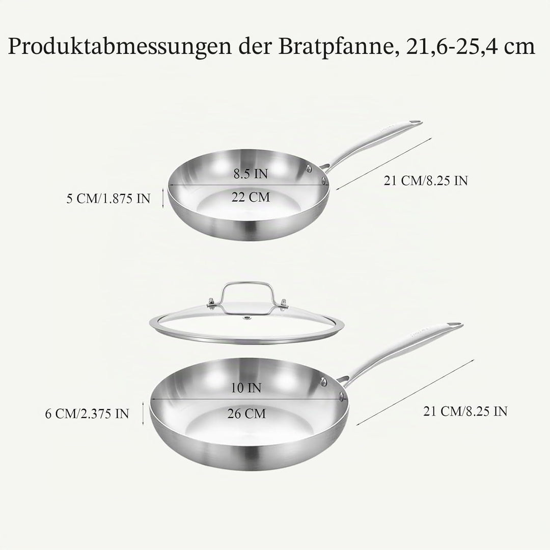 Inqibee Edelstahlpfanne Bratpfannenset Unbeschichtet 22 cm & 26 cm mit Deckel - Pfannenset Edelstahl